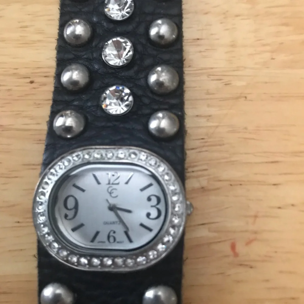 CC Vintage Black Leather Rhinestone Studded Watch